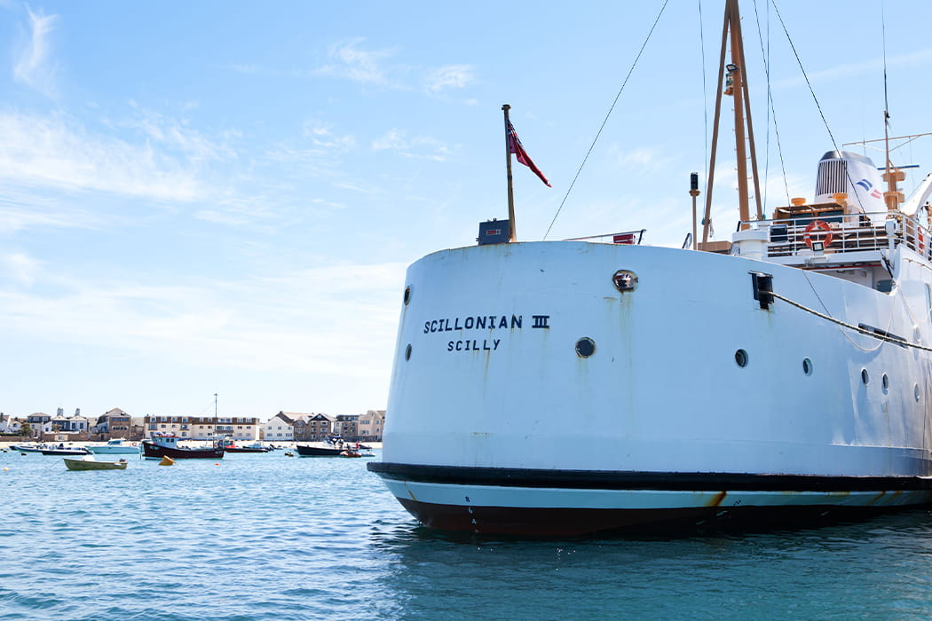 Stern of Scillonian III alongside St Mary's Quay, Isles of Scilly