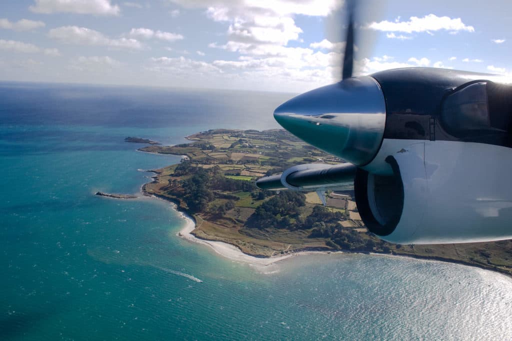 View of Bar Point, St Mary's from a Skybus twin otter