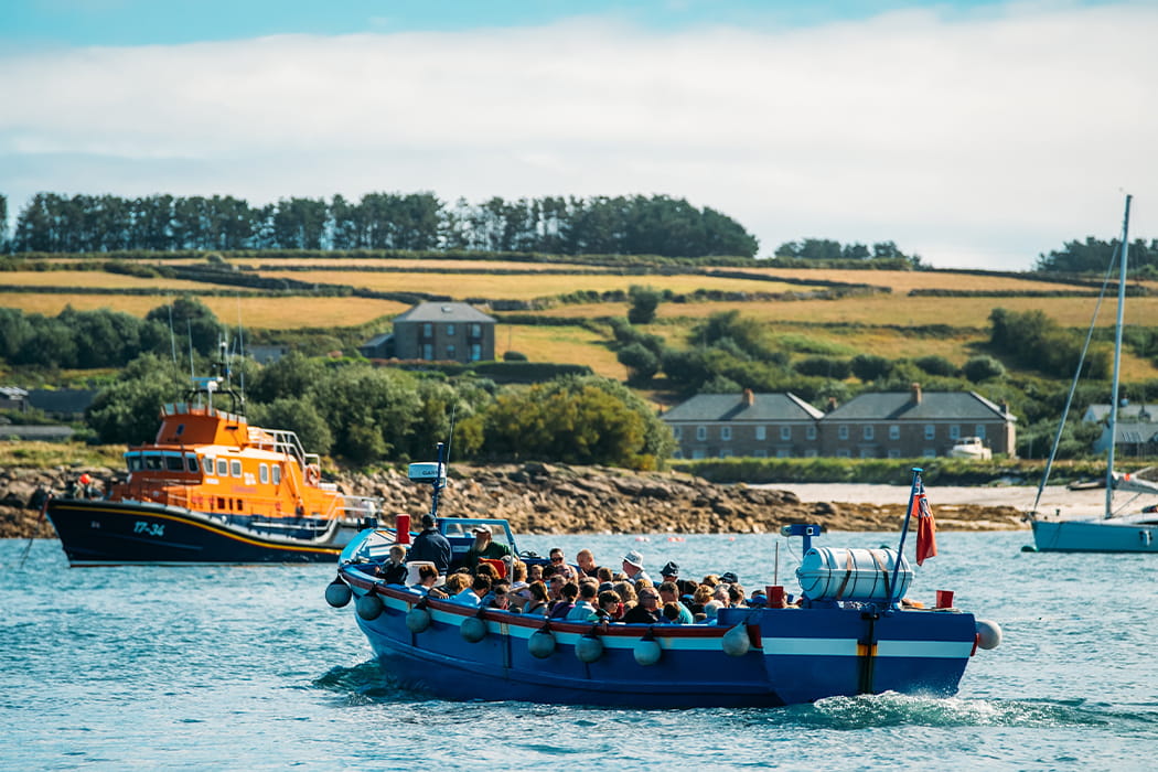 inter island boat full of passengers, St mary's harbour, Isles of Scilly