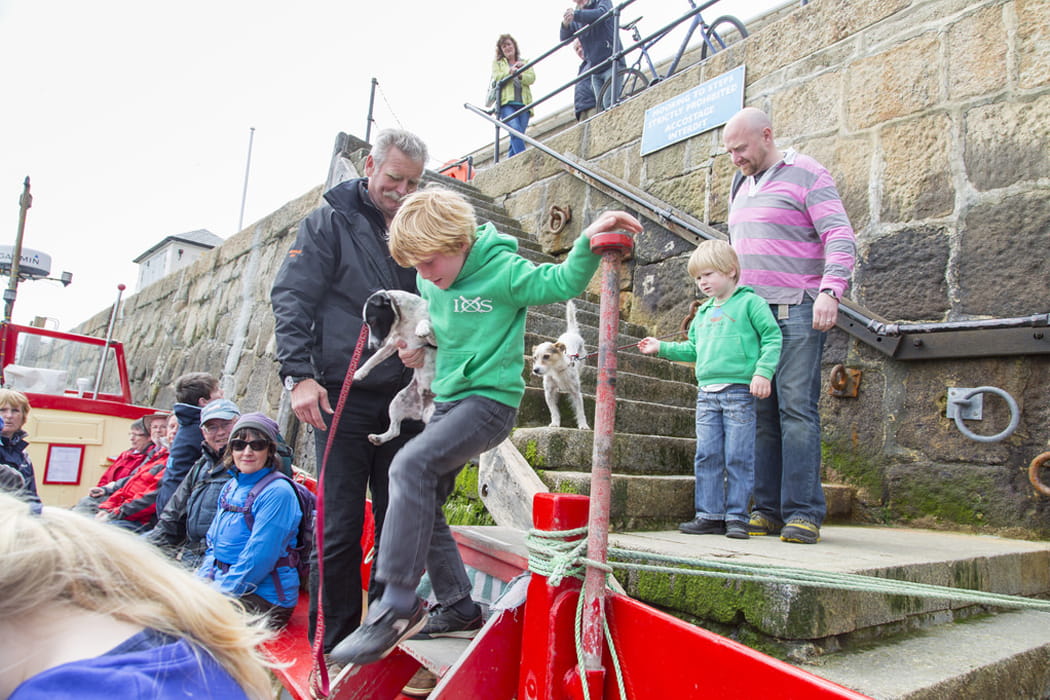 Family with their dogs going on a tripper boat, St Mary's Quay, Isles of Scilly