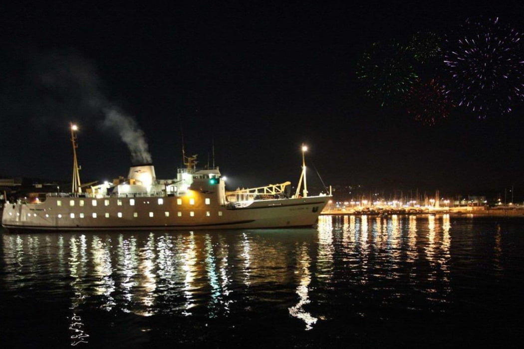 Scillonian III in Penzance at night with fireworks
