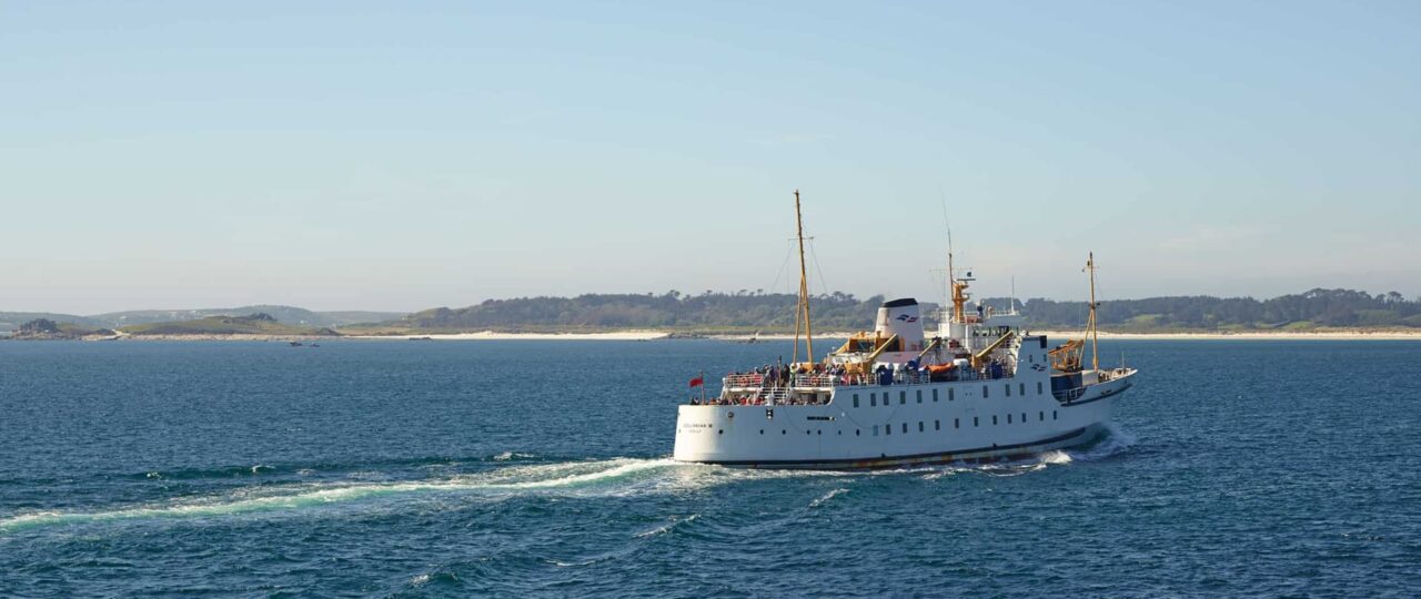 Scillonian III sailing pass Tresco. Isles of Scilly