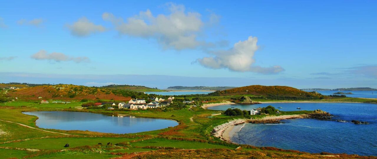 view over Popplestones and Hells Bay Hotel, Bryher, Isles of Scilly
