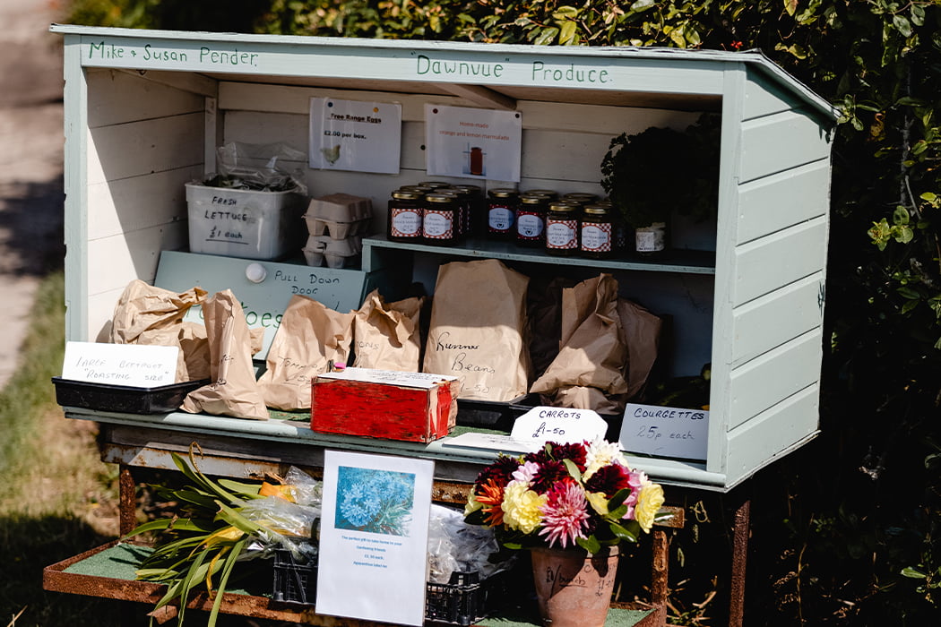 local produce on Dawnvue produce honesty stall, Bryher, Isles of Scilly