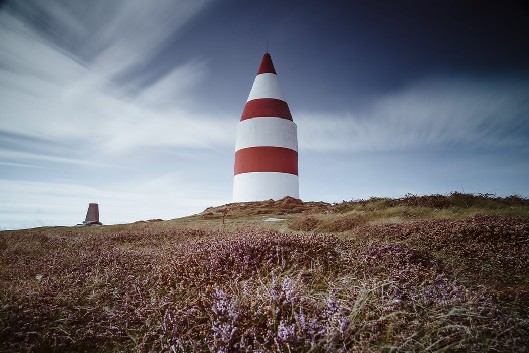 purple heather in autumn in front of the Day Mark, St Martin's, Isles of Scilly