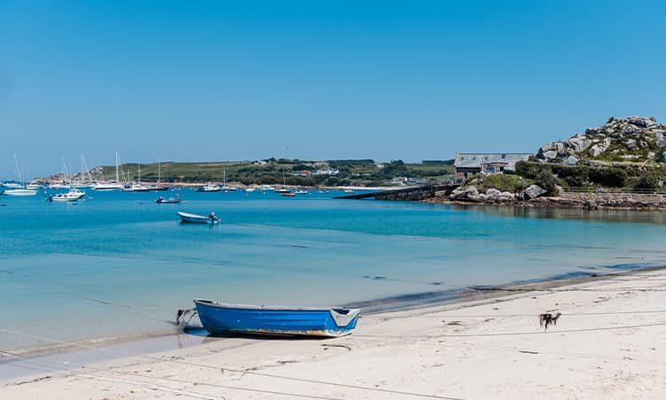 blue rowing boat on town beach, st mary's, Isles of Scilly