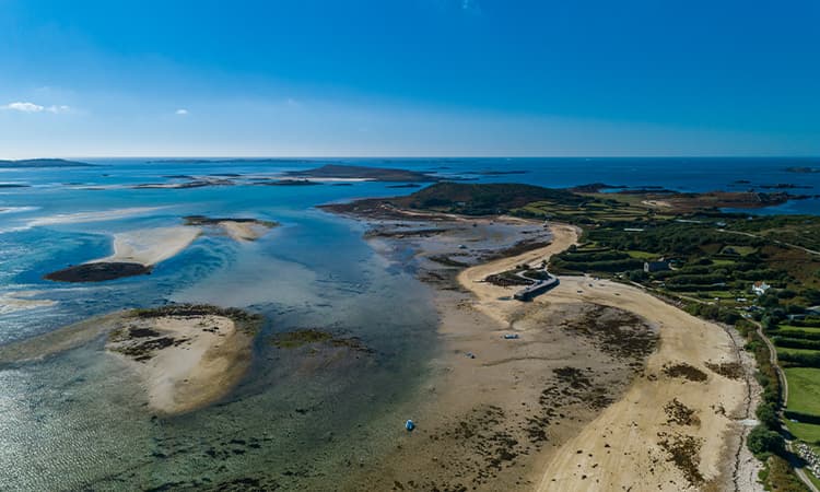 Channel between Tresco and Bryher at low tide showing The Flats, Isles of Scilly