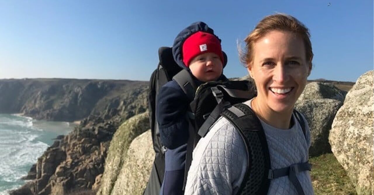 Helen Glover walking a coastal path with her son.
