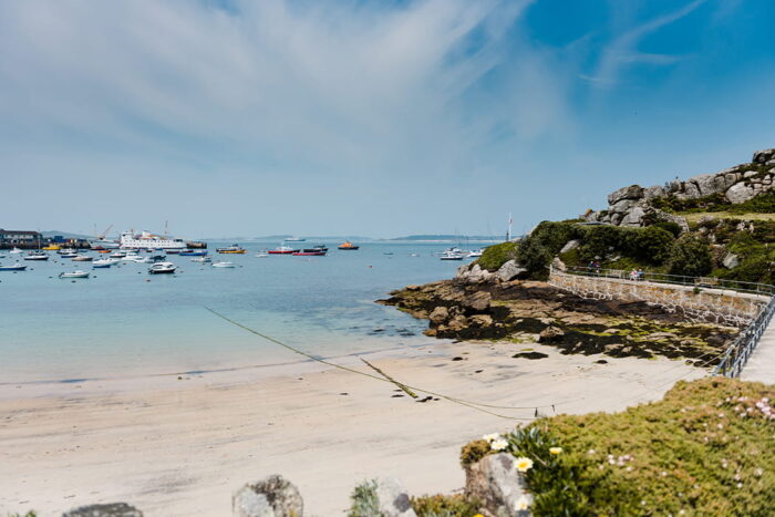 Town beach with Scillonian III in St Mary's Harbour, Isles of Scilly