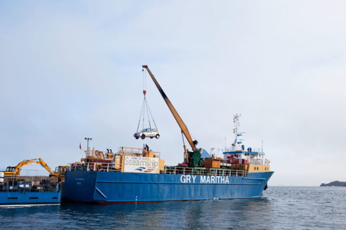 Gry Maritha unloading a car onto St Mary's Quay, Isles of Scilly