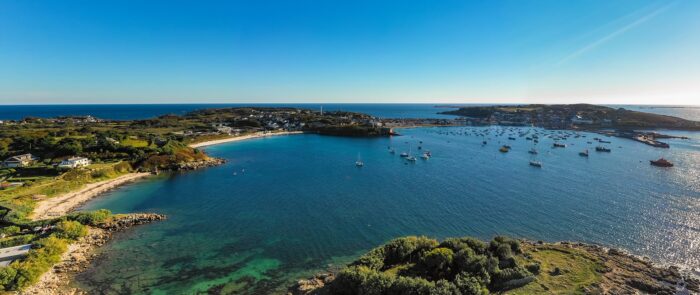 Drone view of Porthmellon beach and St Mary's Harbour, Isles of Scilly