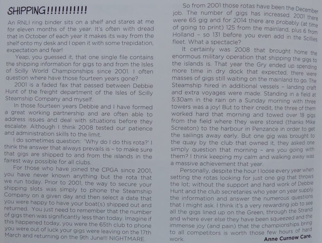 Extract from the secretary of the CPGA -Anne in 2014 about freight shipping for the WPGC