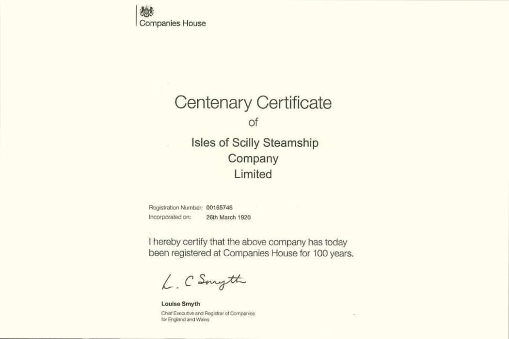 Isles of Scilly Steamship Group centenary certificate - 26/03/2020