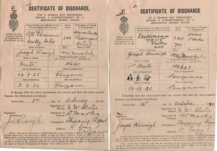 Captain Joseph Reseigh certificates of discharge