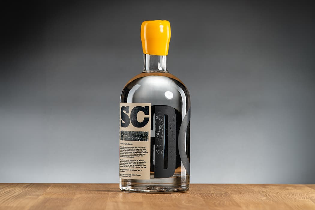 SC Dogs rum bottle on a table