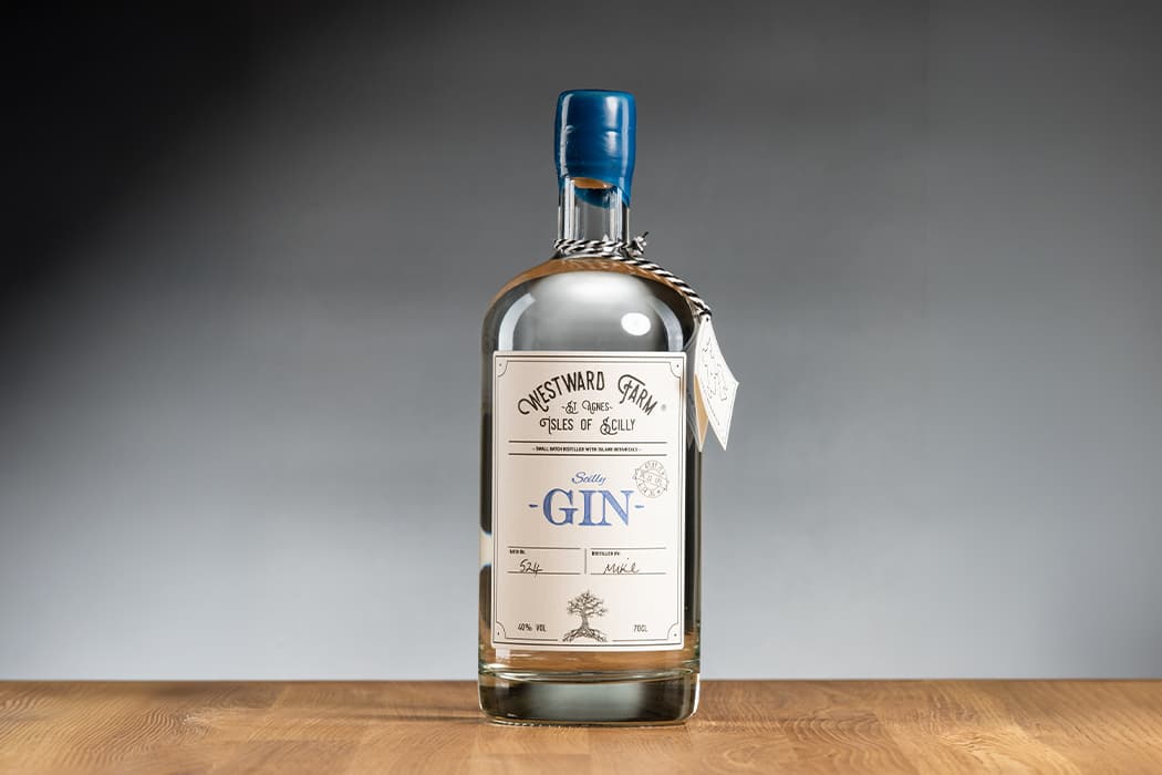 Westward Farm Gin bottle on a table