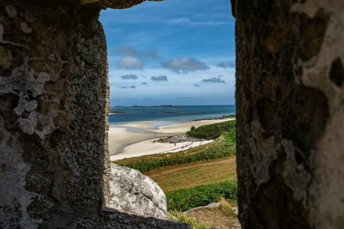 view of Old Grimsby from the Old Blockhouse ruin window, Tresco, Isles of Scilly