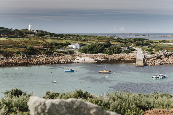 view of The Turk's Head pub and St Agnes Lighthouse from Gugh, Isles of Scilly