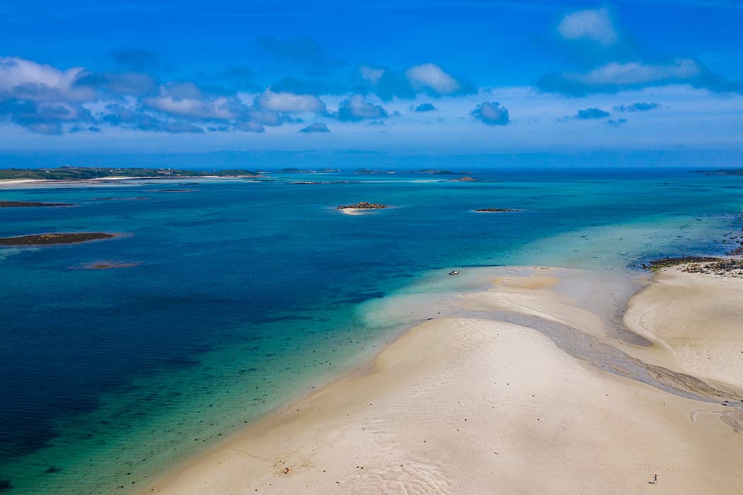 Aerial view of St Martin's and the Eastern Isles from Bar Point, St Mary's, Isles of Scilly