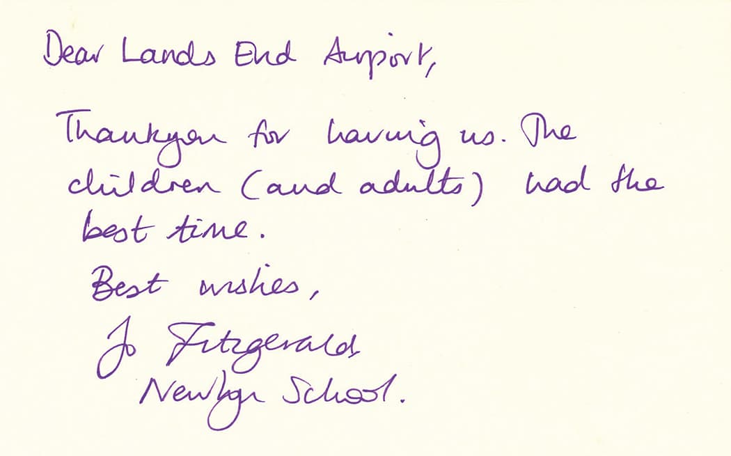 Thank you message from Newlyn School for their visit to Land's End Airport