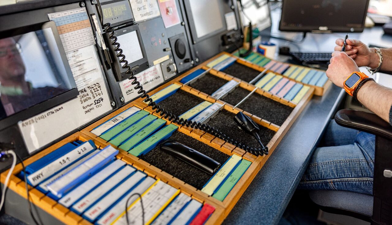 Flight strip board inside the air traffic control tower at Land's End Airport