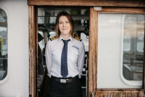 Vicky Bolitho, Scillonian III Captain Stood on board, by the bridge. 