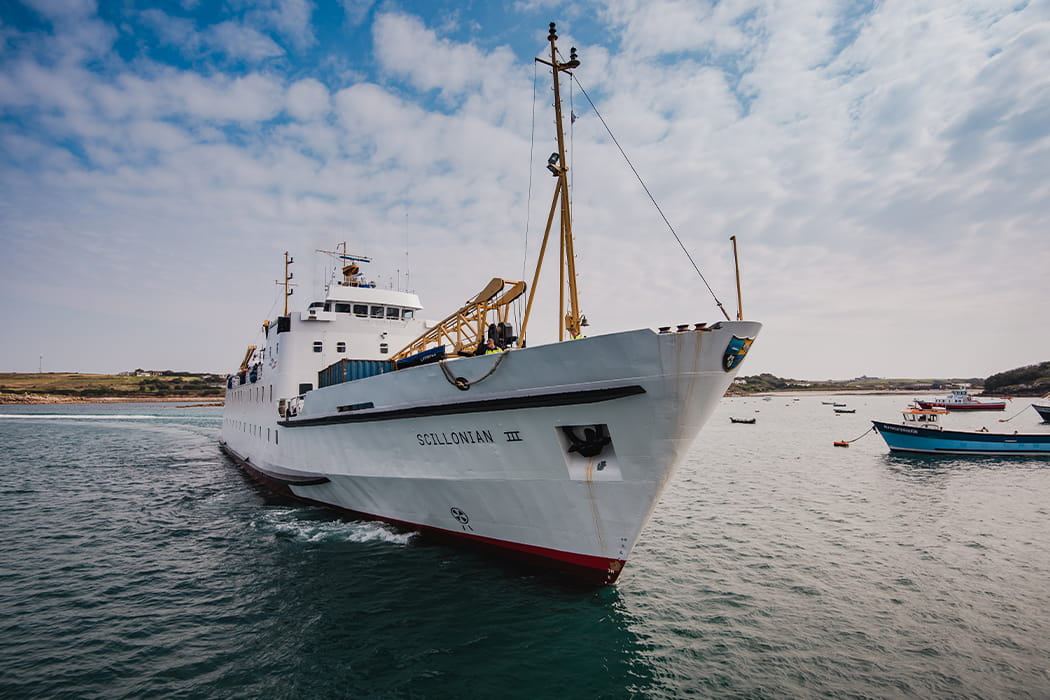 Scillonian III arriving into St Mary's Harbour on an April spring sunny day. 