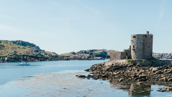 view of Cromwell castlein spring on the island of Tresco in the Isles of Scilly