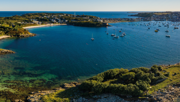 Early evening island aerial view of St Mary's, Isles of Scilly