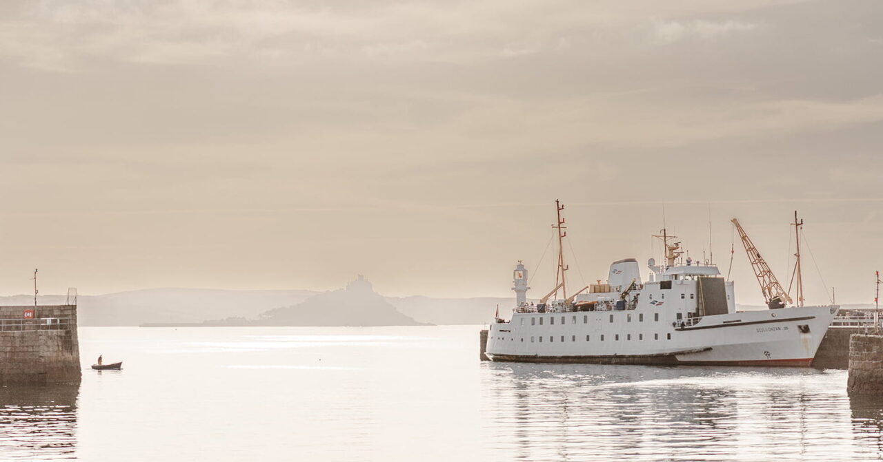 Summer morning sunrise -Scillonian III alongside South Pier, Penzance, Cornwall