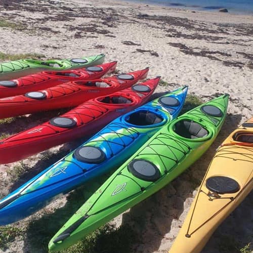 Different colour kayaks on a beach
