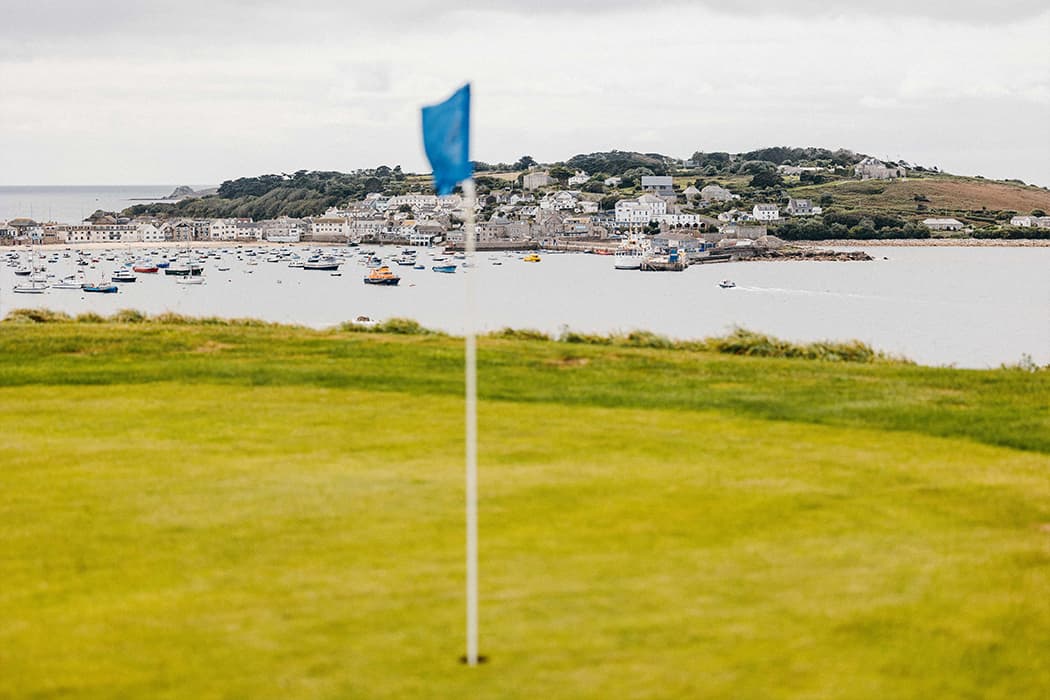 View of St Mary's Harbour and Hugh Town from the golf course on St Mary's, Isles of Scilly