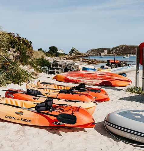 Kayaks on the beach from Hut 62, Bryher, Isles of Scilly