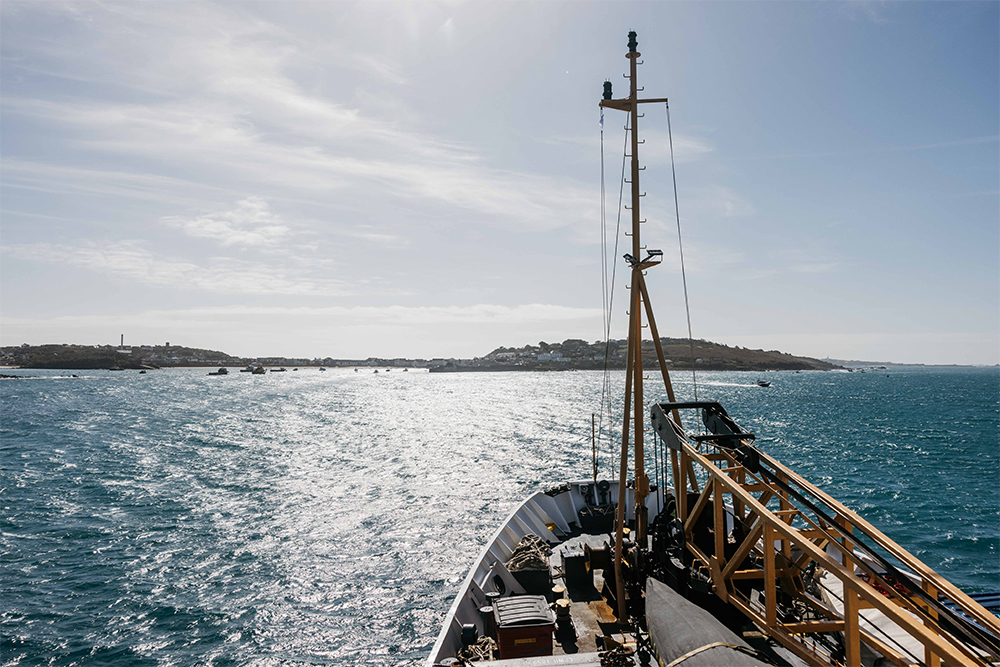 View of St Mary's as Scillonian III passenger ferry arrives at the Isles of Scilly