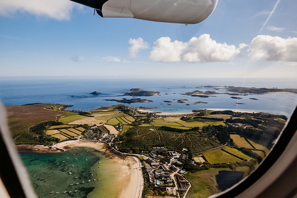 View of the Isles of Scilly from a Skybus Twin Otter flight in the summer