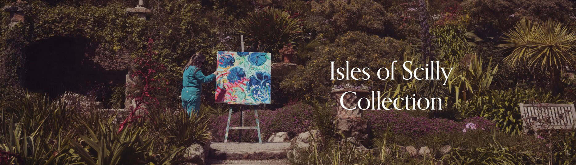 Artist Emily Powell, painting in Tresco Abbey Garden, Isles of Scilly