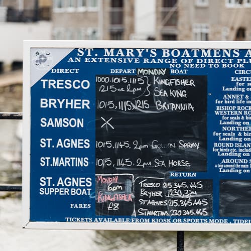 St Mary's Boatmen's association chalkboard on St Mary's Quay, Isles of Scilly