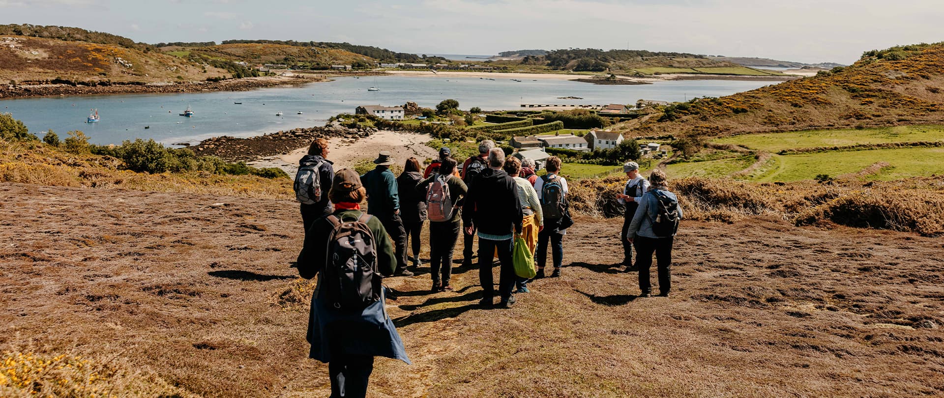 Guided walk, view of the channel between Bryher and Tresco from Watch Hill, Isles of Scilly