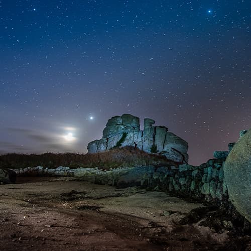 Cow and calf rocks under a night sky, St Agnes, Isles of Scilly