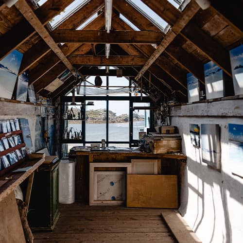 Inside Richard Pearce's beach Studio, Bryher, Isles of Scilly