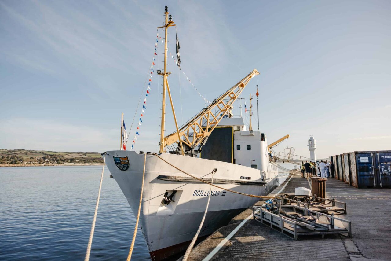 Scillonian III decorated with flags in Penzance
