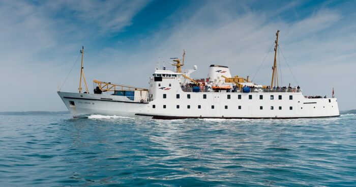 Scillonian III sailing towards St Mary's in spring