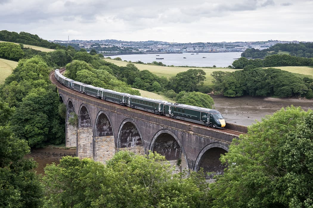 GWR Train from London Paddington to Penzance, Cornwall going over a viaduct.