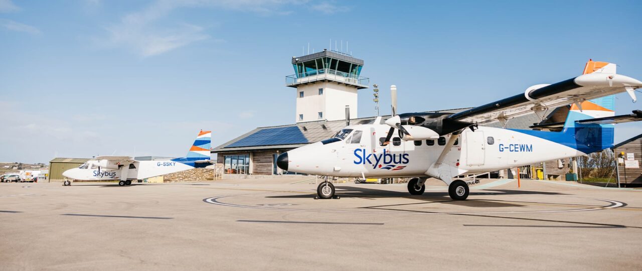 Skybus twin otter and islander aircraft on the airfield at Land's end airport