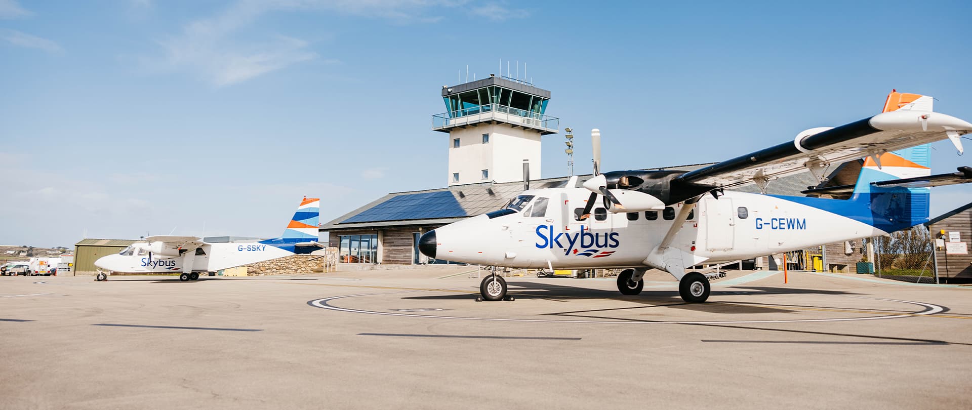 Skybus twin otter and islander aircraft on the airfield at Land's end airport