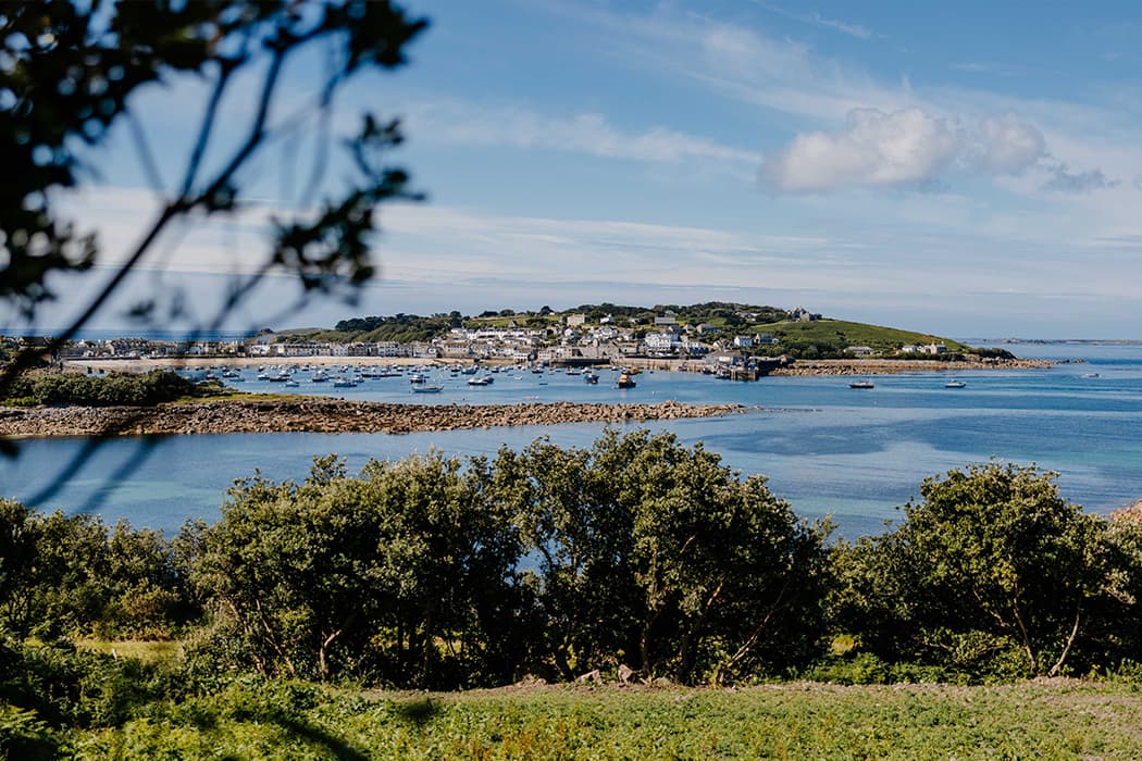 View of St Mary's harbour, Hugh Town and the Garrison, St Mary's, Isles of Scilly