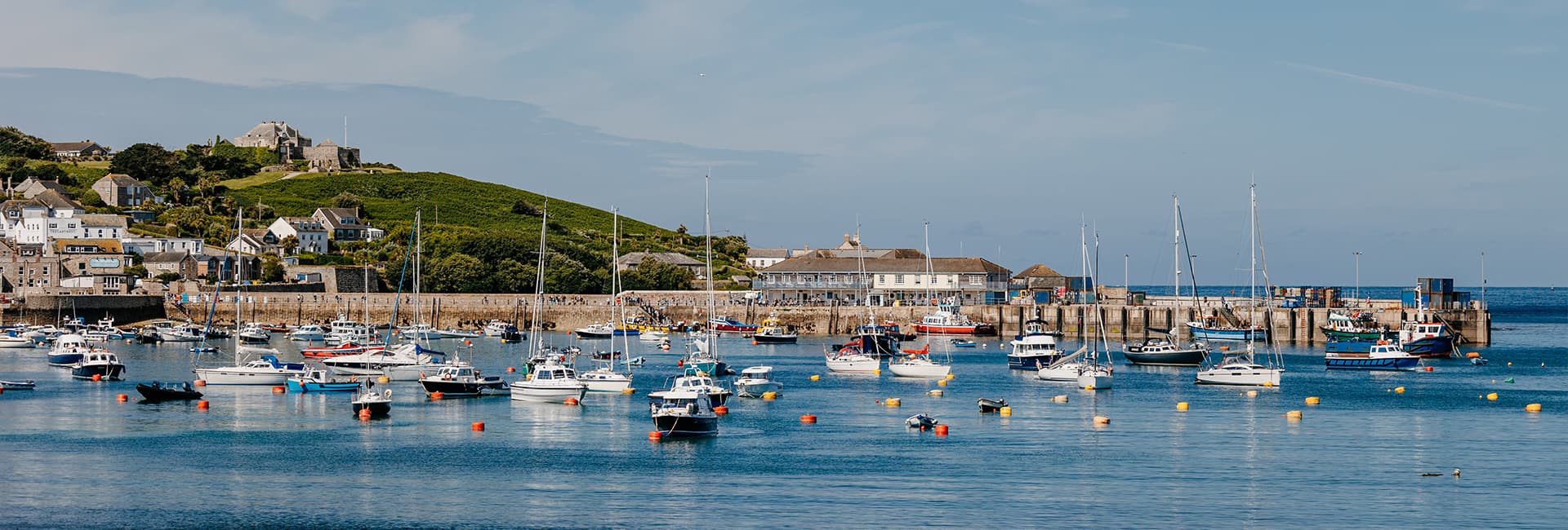 St Mary's Harbour and the Garrison on a sunny day, Isles of Scilly