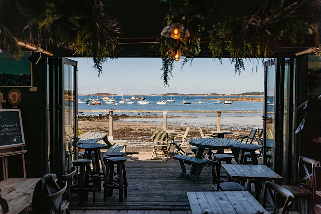 Gig shed cafe view of porthmellon beach, St mary's, Isles of Scilly