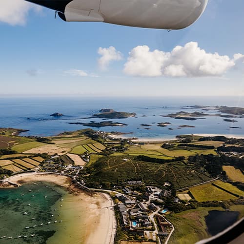 scenic flight view of the Isles of Scilly from a Skybus Twin Otter aircraft