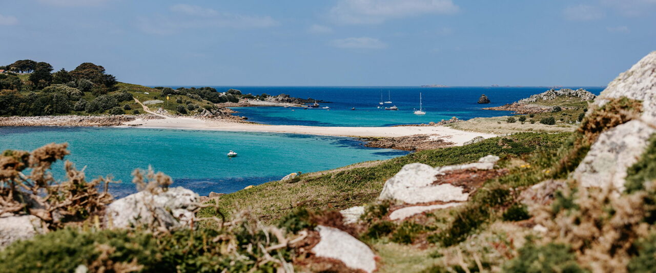 view of the beach and sandbar that connects St Agnes and Gugh, Isles of Scilly